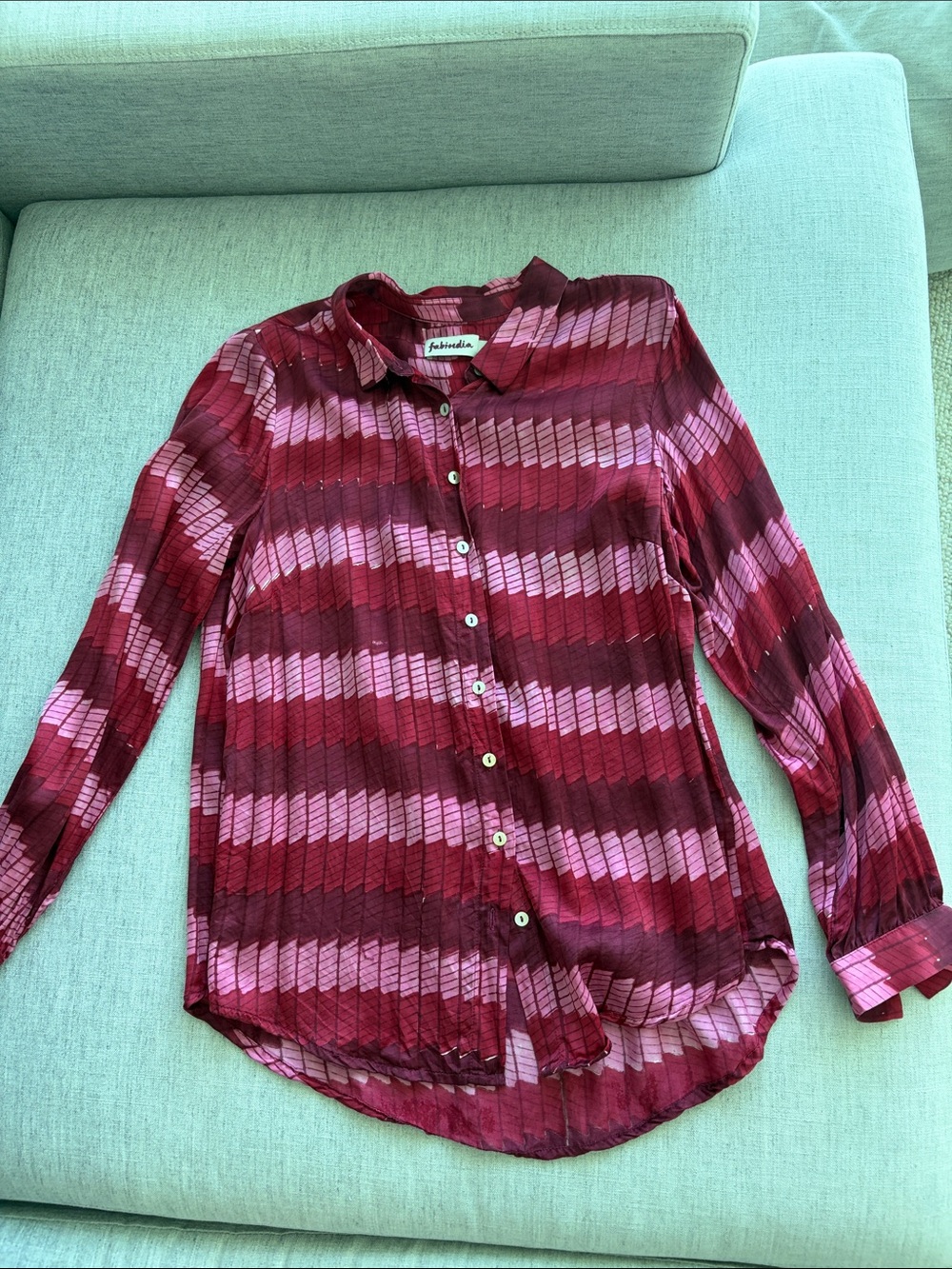 fabindia Pink and Burgundy Striped Button-Down Shirt
